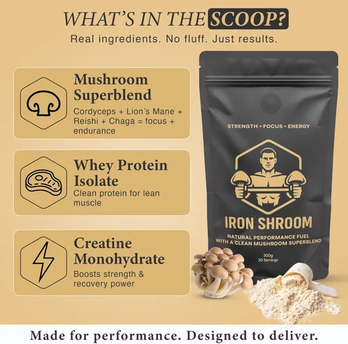 Vista 5 de Iron Shroom - Combustible de rendimiento funcional con sabor a chocolate, supermezcla de suero de leche, creatina y hongos con melena de león
