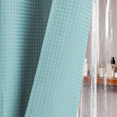 Vista 361 de Cortina de ducha de tela Dynamene verde oscuro - Cortinas de baño de tela de nido de abeja texturizadas resistentes, juego de cortinas de baño