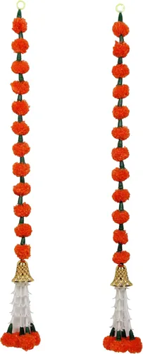 Vista 2 de Guirnalda de flores artificiales de caléndula para colgar en la pared, bandhanwar torans con campanas doradas, artículo de decoración para el hogar
