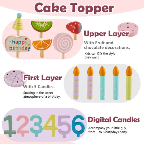 Vista 3 de HERSITY Juego de comida de juguete de madera para pastel de cumpleaños, juego de cocina para niños pequeños, juguetes de tarta, regalos para niños
