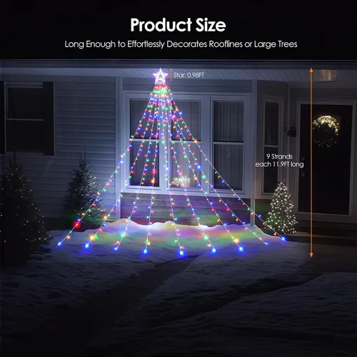 Vista 5 de WBao 344 luces LED de Navidad para decoración al aire libre con estrella de 12 pulgadas, luces de Navidad de cascada de 11.9 pies, control remoto, 8