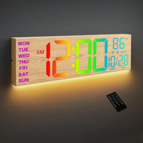 Vista 9 de HAITANG Reloj de pared digital de 8 colores, reloj digital grande de 16.2 pulgadas con temperatura, fecha, DST automático, luz nocturna, atenuador