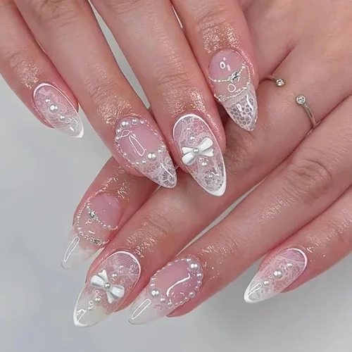 Uñas postizas medianas a presión de almendra, con lazo 3D, perlas y diamantes de imitación, diseños de flores, uñas adhesivas, uñas acrílicas,