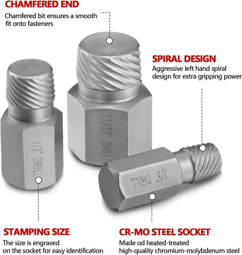 Vista 3 de Juego de 25 extractores de tornillos, extractores de salida fácil de múltiples splines CR-MO para quitar pernos rotos, pernos, tornillos de enchufe
