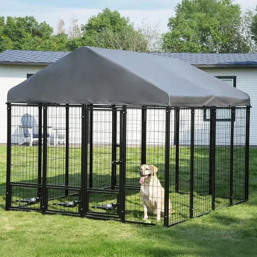Vista 10 de Perrera para perros al aire libre de 8 x 4 x 6 pies con techo y soportes giratorios para tazones, recinto grande de metal para perros, casa
