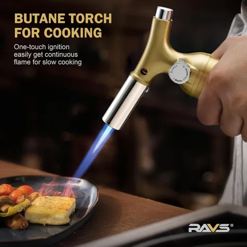 Vista 3 de RAVS Encendedor Antorcha de Butano con Diseño de Cobre Sólido, Encendedor Antorcha de Cocina con Llama Ajustable, Soplete Recargable para Crème