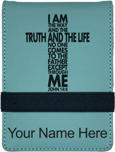 Vista 10 de LaserGram Mini padfolio con bloc de notas y bolígrafo, versículo bíblico John 14-6, grabado personalizado incluido (negro con oro)