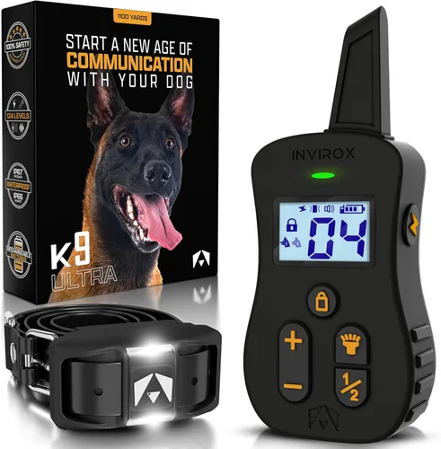 Vista 10 de INVIROX Collar de choque para perros [Ultra K9] 124 niveles de entrenamiento, 4 modos potentes con luz nocturna y rango de ¾ de milla, collar