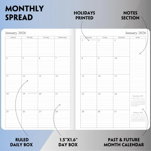 Vista 13 de 26-27 Academic Planner - Weekly and Monthly Planner, Jul 2026 - Jun 2027, Holidays, Contacts and Notes Pages, Vegan Leather Cover, Elastic Closure