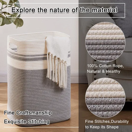 Vista 3 de OIAHOMY - Cesta de lavandería, cesta de almacenamiento alta decorativa de algodón con asas para sala de estar, cestas grandes plegables para Gris