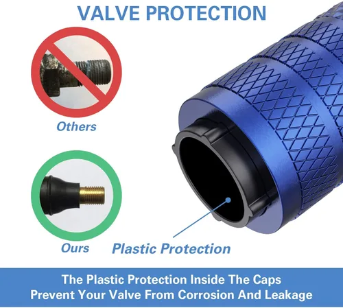 Vista 3 de CKAuto Tapones de vástago de válvula de neumático, azul, 4 piezas/paquete, juego de tapas de válvula de neumático de aluminio anodizado, resistente