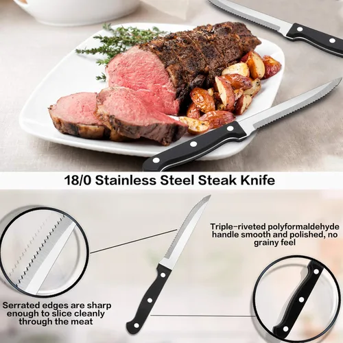 Vista 5 de E-far Juego de cubiertos de 24 piezas con bandeja organizadora y cuchillos para carne, cubiertos de acero inoxidable para 4, utensilios básicos