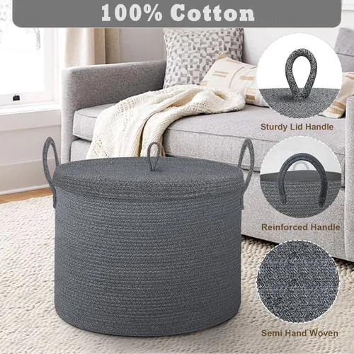 Vista 3 de Cestas de almacenamiento extra grandes de 21 x 18 pulgadas, cesta decorativa para manta con tapa para sala de estar, cestas de cuerda con tapa