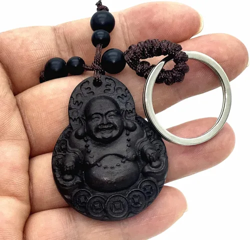 Vista 3 de Betterdecor Feng Shui madera tallada chino feliz Buda dinero Buda llavero amuleto, Negro