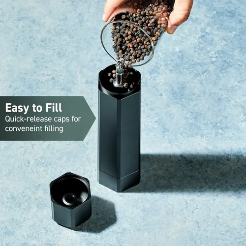 Vista 4 de HexClad HexMill Molinillo de pimienta, grado profesional, resistente, recargable, aluminio negro mate, ajuste de diez configuraciones de molienda