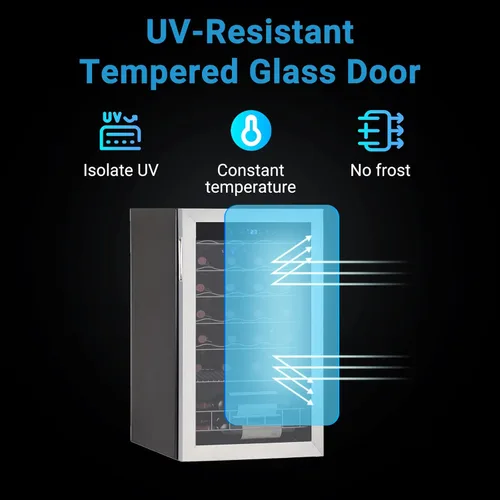 Vista 5 de Refrigerador de vino independiente, compresor de 28 botellas con termostato digital y puerta de vidrio, acero inoxidable
