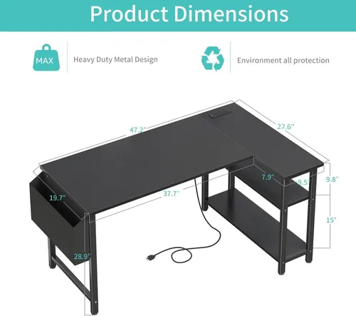 Vista 3 de Lufeiya - Escritorio en forma de L con tomas de corriente, estantes de 47 pulgadas, escritorio de esquina para oficina en casa o dormitorio