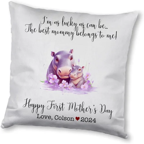 Vista 6 de Hippopotamus Matching for Mother's Day, First Mother's Day Custom Pillowcase, Personalized Mother's Day Pillowcase, Gift for Mom, Home Decor