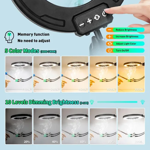 Vista 6 de Lupa ultra larga de 3 secciones con brazo oscilante de 3 secciones con luz y soporte, lámpara de aumento de manos de ayuda de 5 colores, abrazadera