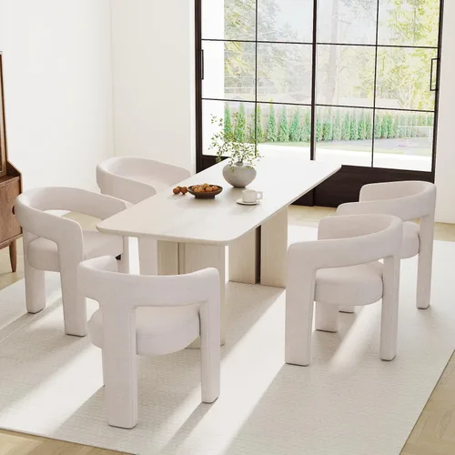 Vista 28 de RIVOVA Silla de comedor moderna de barril, silla lateral acolchada en lino con brazos cómoda para tocador, silla para comedor, sala de estar