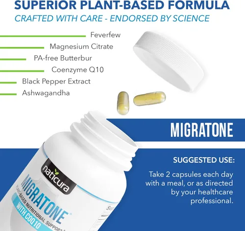 Vista 4 de Migratone Fórmula de Apoyo para Dolores de Cabeza - Complejo Vitamínico Natural sin PA con Córtela de Lechuga, Magnesio, Vitaminas B2, B6 y B12
