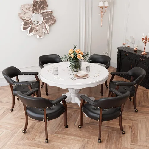 Vista 17 de LEEMTORIG Juego de 2 sillas de comedor con ruedas y brazo, sillas de comedor grandes con ruedas, silla de mesa de póquer de madera maciza, 26