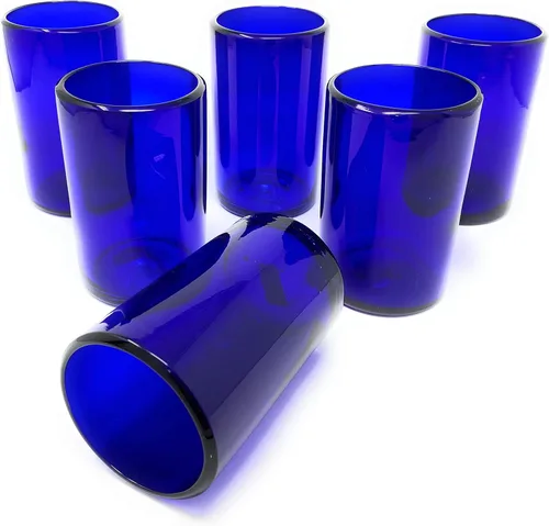 Vista 5 de Vasos mexicanos soplados a mano, juego de 6 vasos de agua de cobalto (14 onzas cada uno)