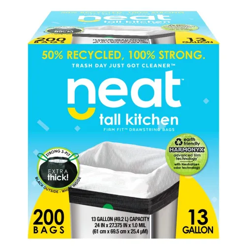 Vista 10 de Neat Tall Kitchen - Bolsas de basura con cordón de 13 galones (MEGA 200 unidades) - Triple capa fortificada, ecológica, 50% material reciclado