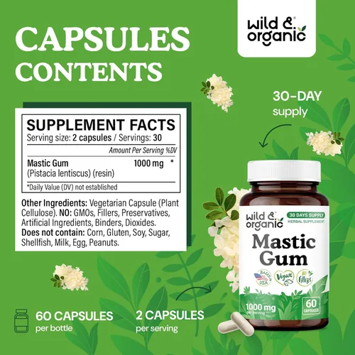 Vista 3 de Wild & Organic Cápsulas de goma mastica – 1000 mg de suplemento de goma mastica para apoyo intestinal – 30 días de suministro – 60 cápsulas