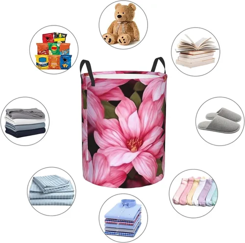 Vista 6 de Beauty pink Floral Flowers print Circular Hamper Waterproof Storage Bin Organizer Basket Laundry Hamper With Handles For Clothes Toys Medium