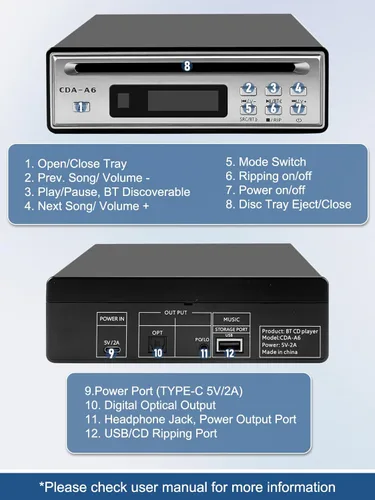Vista 6 de Reproductor de CD de alta fidelidad para el hogar, extractor de CD, reproductor de CD Bluetooth para automóvil con extracción USB, Rip CD a USB