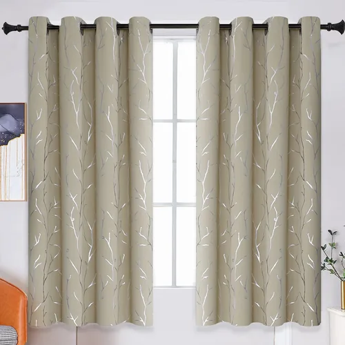 Vista 34 de BUHUA Cortinas pequeñas para ventana de 36 pulgadas de largo, 2 paneles, cortinas opacas con elegantes ramas de árbol plateadas, cortinas de bloqueo