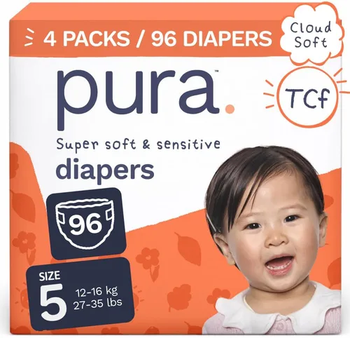 Pura Pañales para bebé, talla 5-96, 27-35 libras, protección contra fugas de 12 horas, pañales suaves y suaves para piel de bebé hipoalergénica y