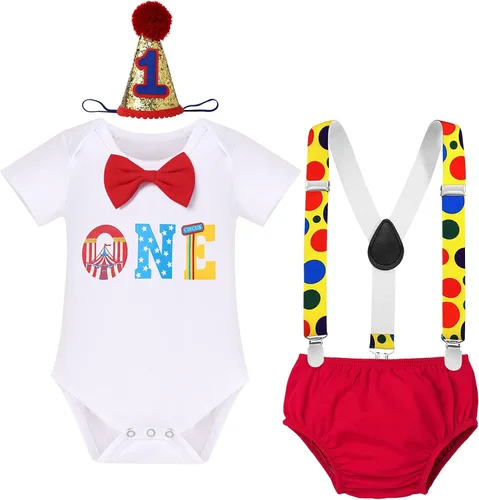 Vista 34 de IBTOM CASTLE Disfraz de carnaval de circo para el primer cumpleaños con temática de carnaval para bebé niño con tirantes y pajarita, sombrero