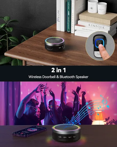 Vista 2 de TECKNET Timbre inalámbrico con altavoz Bluetooth, timbre portátil 2 en 1 con luz RGB, 100dB y modo silencioso, altavoz Bluetooth con sonido estéreo