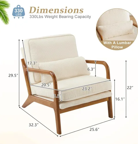 Vista 2 de VINGLI Silla de Acento de Pana Premium Mejorada, Silla con Reposabrazos Tapizada, Cómoda Silla de Lectura de Madera Maciza con Almohada Lumbar