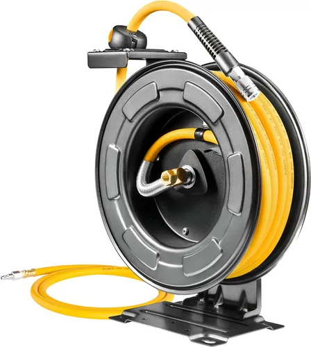 AIRZILLA Carrete de manguera de aire retráctil de acero de 3/8 pulgadas x 50 pies, manguera de polímero híbrida de polímero resistente, carrete de