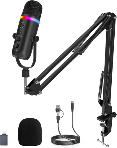 Vista 10 de Kit de micrófono de juegos ZealSound, micrófono USB condensador para podcast con brazo articulado, micrófono supercardioide con botón de silencio