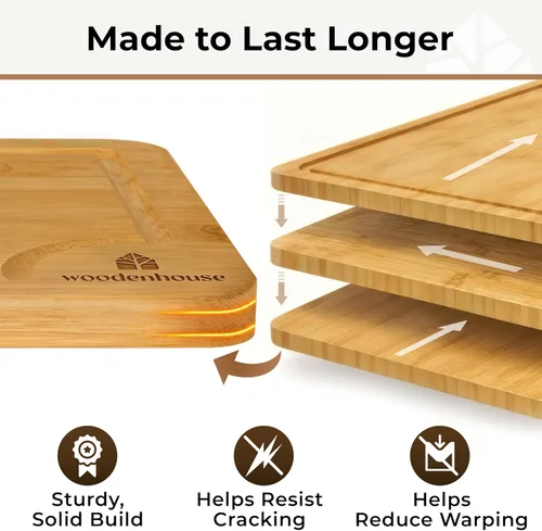 Vista 3 de Juego de tablas de cortar de bambú de 3 piezas - Tablas de cortar de madera gruesas y duraderas con ranuras profundas para jugo y asas incorporadas