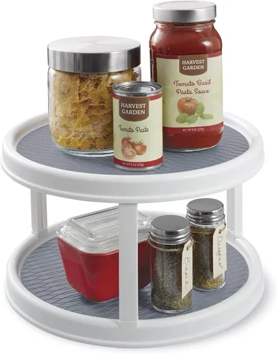 Vista 3 de Copco - Mesa giratoria antideslizante de 2 niveles Lazy Susan para despensa, 12 pulgadas, color blanco y gris Oxford