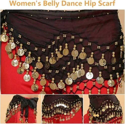 Vista 4 de Bufandas para la cadera de danza del vientre, faldas onduladas para mujer, envueltas con 128 monedas de oro, 11
