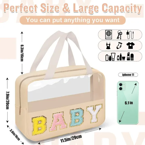 Vista 2 de izuzta Bolsas de maquillaje transparentes tipo tote con letras de chenilla, bolsa de maquillaje preppy con asa, Moda