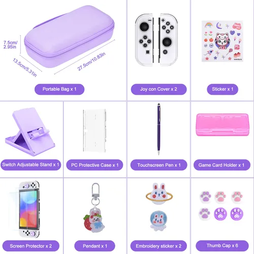 Vista 2 de innoAura Switch OLED Case 19-in-1 Bundle with Carrying Case, Game Organizer, Screen Protector, Stand and Thumb Grips (Purple)