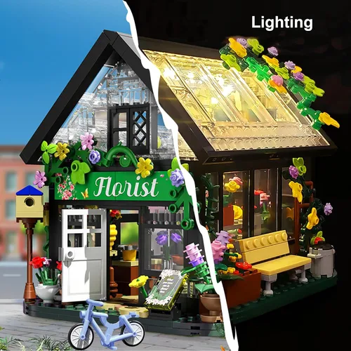 Vista 2 de Juego de construcción de casa de flores con luces LED, juego de bloques de construcción de casa de jardín, regalos para amigos, niños, niñas