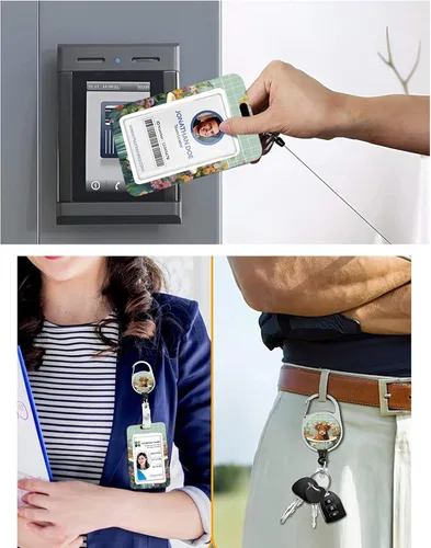 Vista 79 de Portatarjetas blanco con cordón para tarjetas de identificación, carrete retráctil negro con clip de mosquetón, tarjetero de identificación