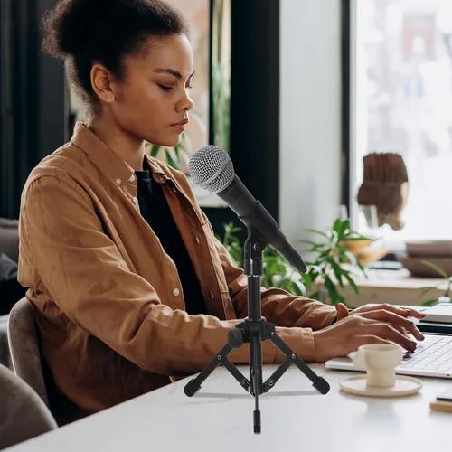 Vista 7 de ABOOFAN Soporte de micrófono de escritorio de metal, soporte de trípode, soporte de micrófono de mesa compacto y estable para grabación de estudio