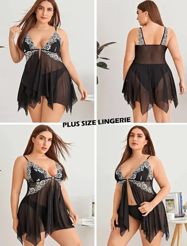Vista 6 de Avidlove - Lencería de encaje para mujer, babydoll con cierre frontal y cuello en V, camisón sensual, camisola para la noche