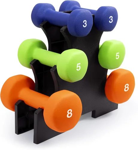 Marcy Juego de 3 pares de mancuernas de hierro fundido recubierto de neopreno con estante (3 libras, 5 libras, 8 libras - total 32 libras) - Pesas