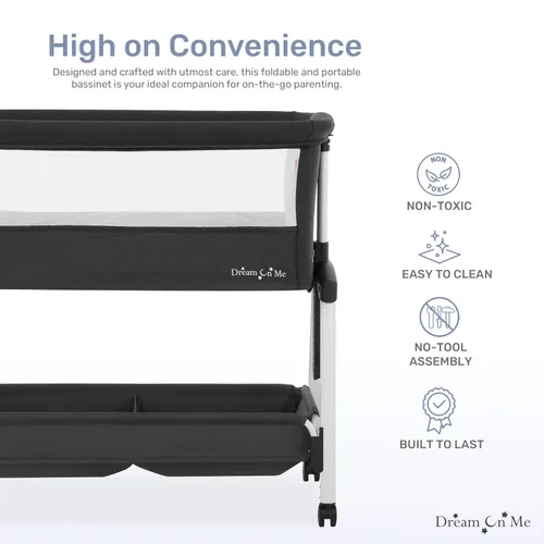 Vista 4 de Dream On Me Calypso - Moisés portátil con ruedas, altura ajustable, moisés plegable para bebé con laterales de malla transpirable, colchón de Negro