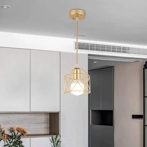 Vista 6 de Lámpara colgante de jaula de pájaros creativa 1 luces hexagonal jaula de alambre colgante luz retro industrial colgante de techo E27/E26 enchufes